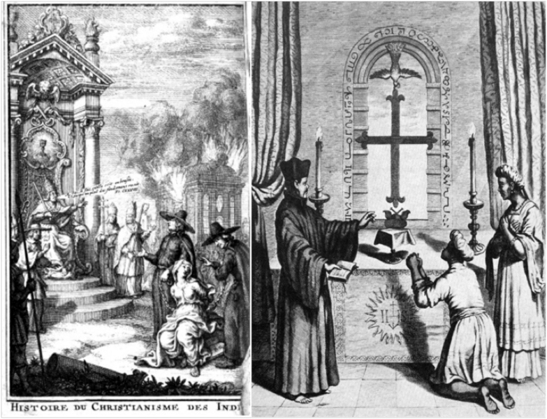 Two views of Portuguese-Thomas Christian relations in the 16th century.  On the right is the frontispiece of Marthurin Veyssière de Lacroze’s Histoire de christianisme des Indes.  The illustration on the right is from Athanasius Kircher’s China Illustratus
