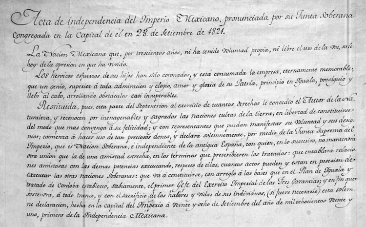 Acta de independencia del Imperio Mexicano, 28 de septiembre, 1821.